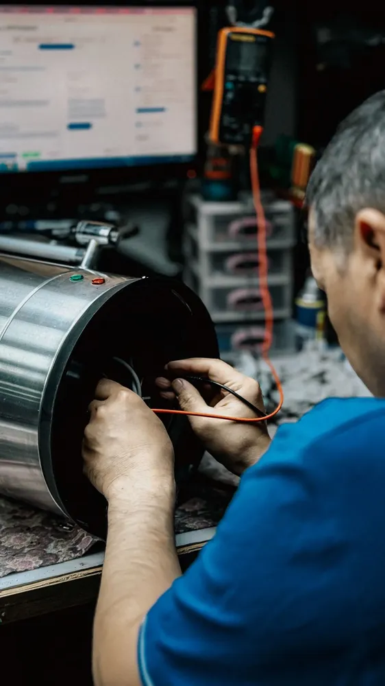 Teknisyen motor gövdesinde ölçüm yaparken